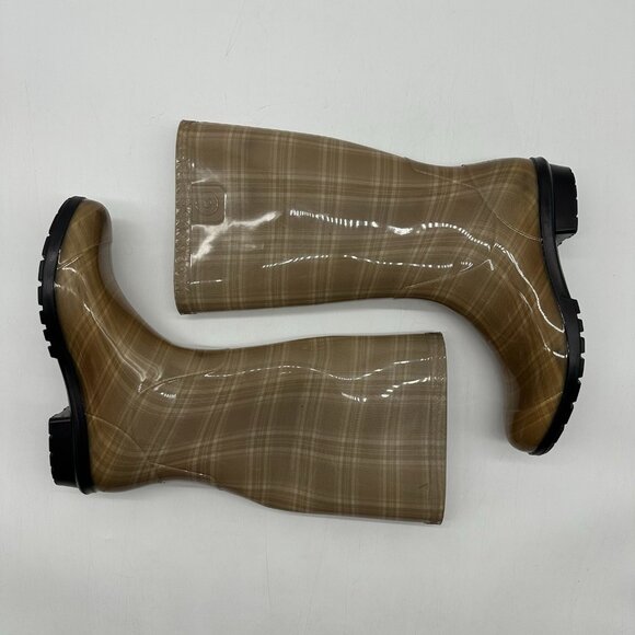 UGG Shaye Tan Clear Plaid Waterproof Rubber Tall Rain Boots - Women's Size 7 - Picture 9 of 11